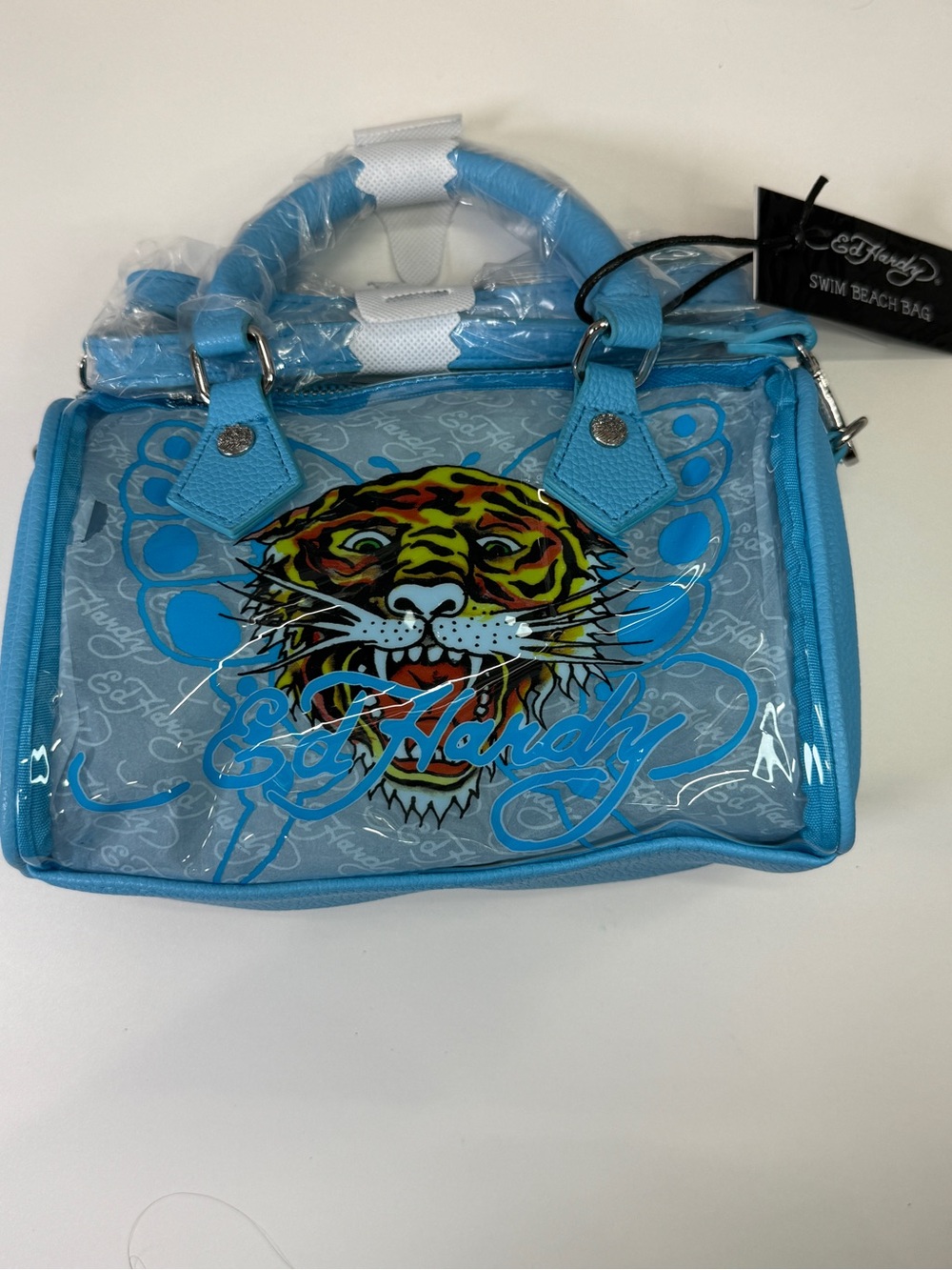 Ed Hardy Light Blue Clear Vinyl Mini Bag with Tiger Graphic